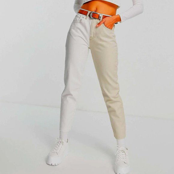 STRADIVARIUS NWT 2 TONES MOM FIT jeans denim Sz 4 or 26 waist MADE IN MOROCCO - Picture 1 of 13